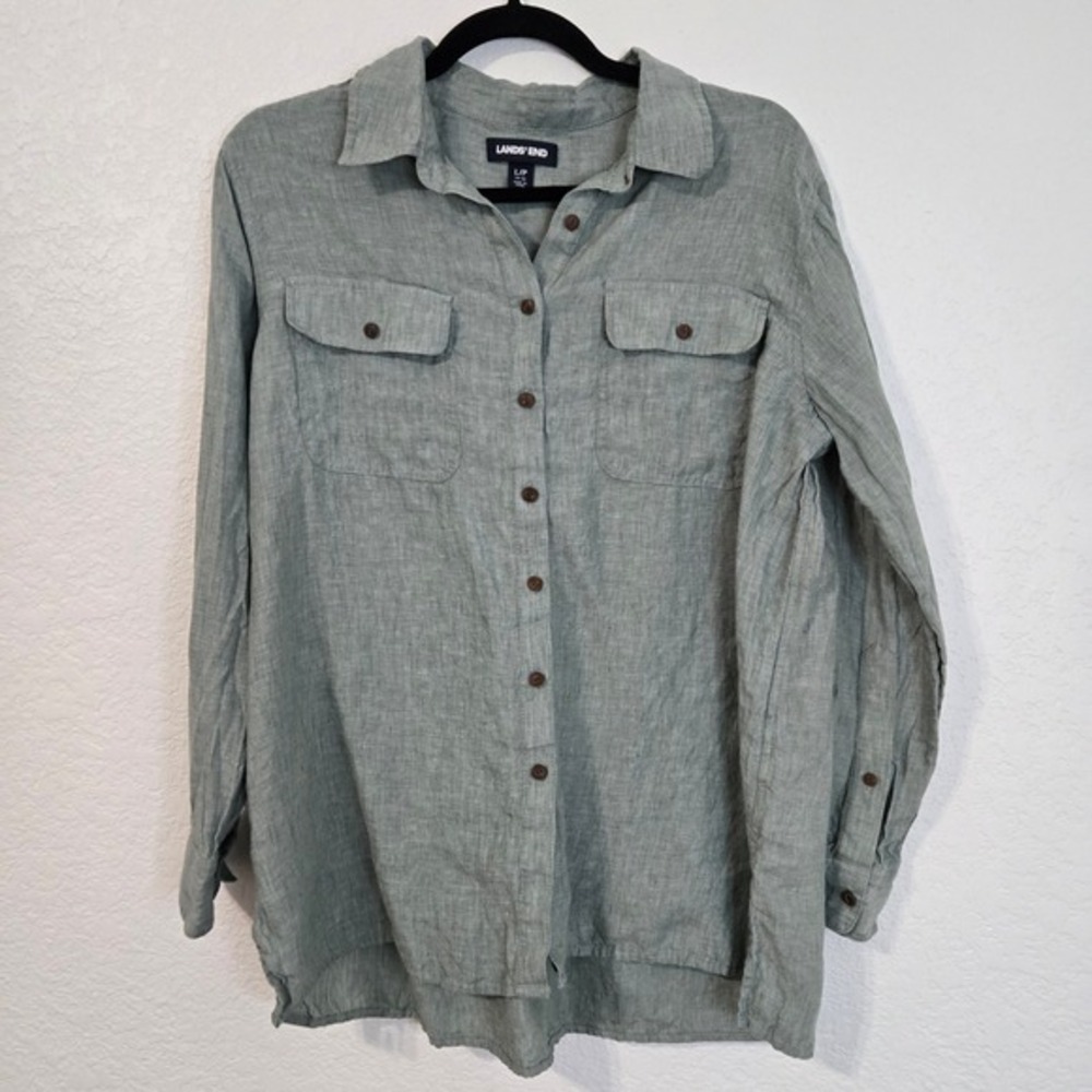 Lands End Green Linen Blend Long Sleeve Button Down Shirt Top‎ Large Petite